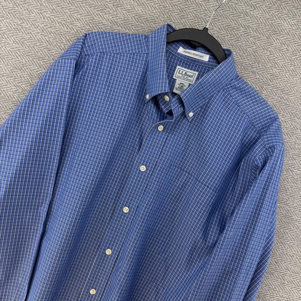 LL Bean Button Down Shirt Large Blue Cotton Wrinkle Resistant Plaid Business